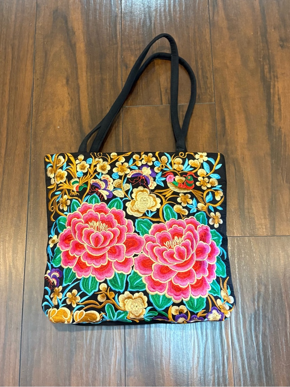 Embroidered Floral Tote Bag in Black and Pink - Picture 2 of 8